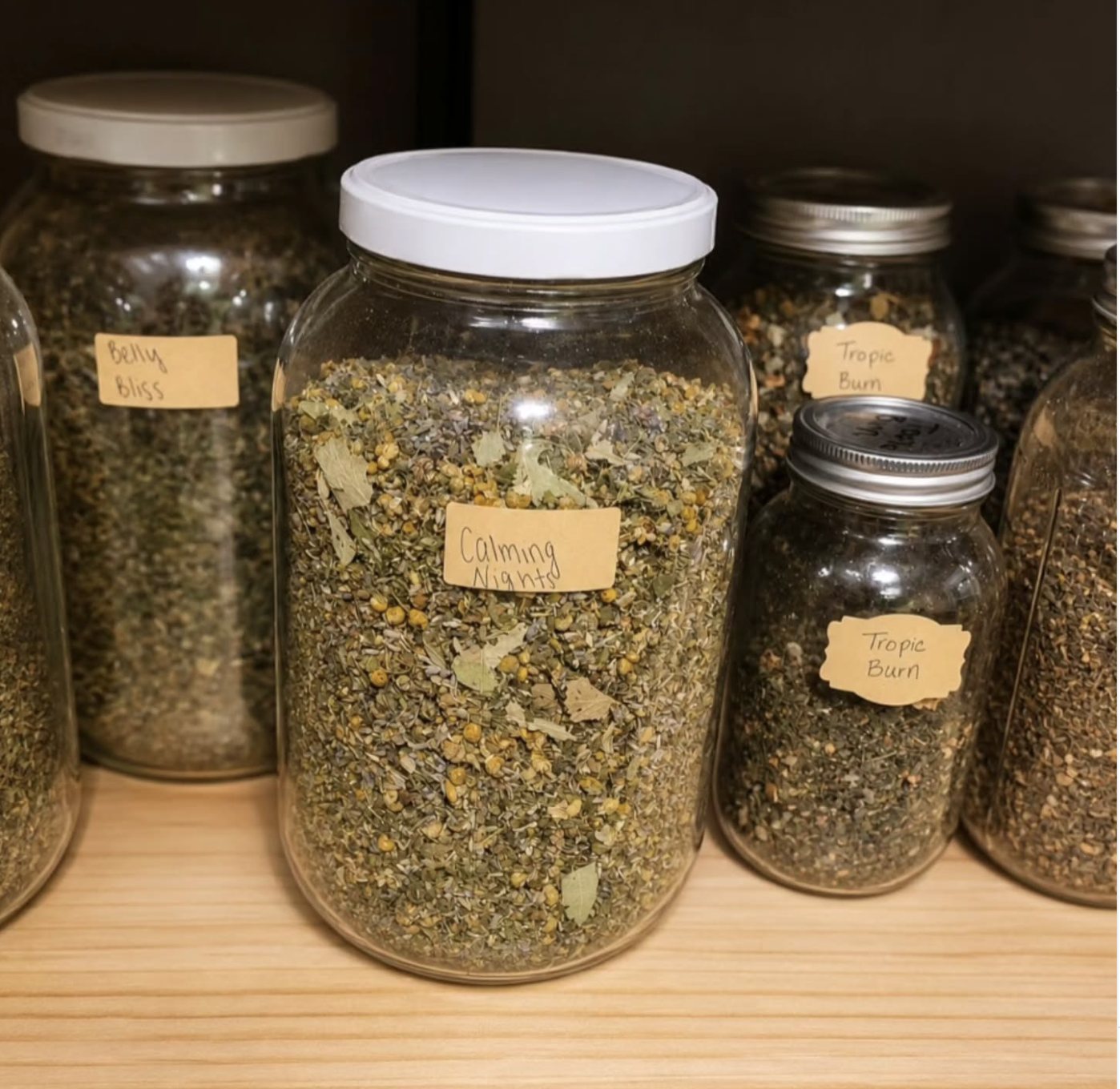 Glass jars of loose leaf tea blends on a shelf, each hand-labelled &mdash; Calming Nights, Belly Bliss, Tropic Burn